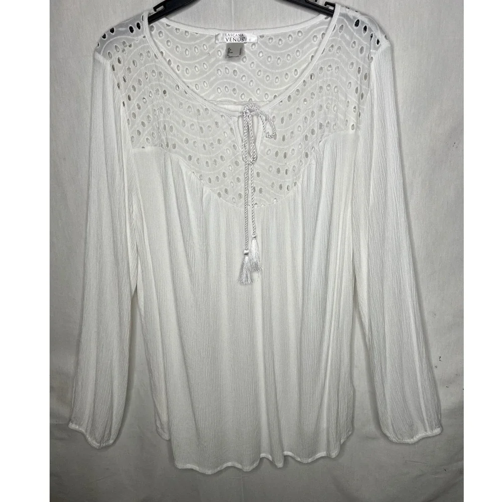 Lascana for Venus White Eyelet Lace Peasant Blouse Tassel Tie Gauze Top Large - Picture 2 of 5